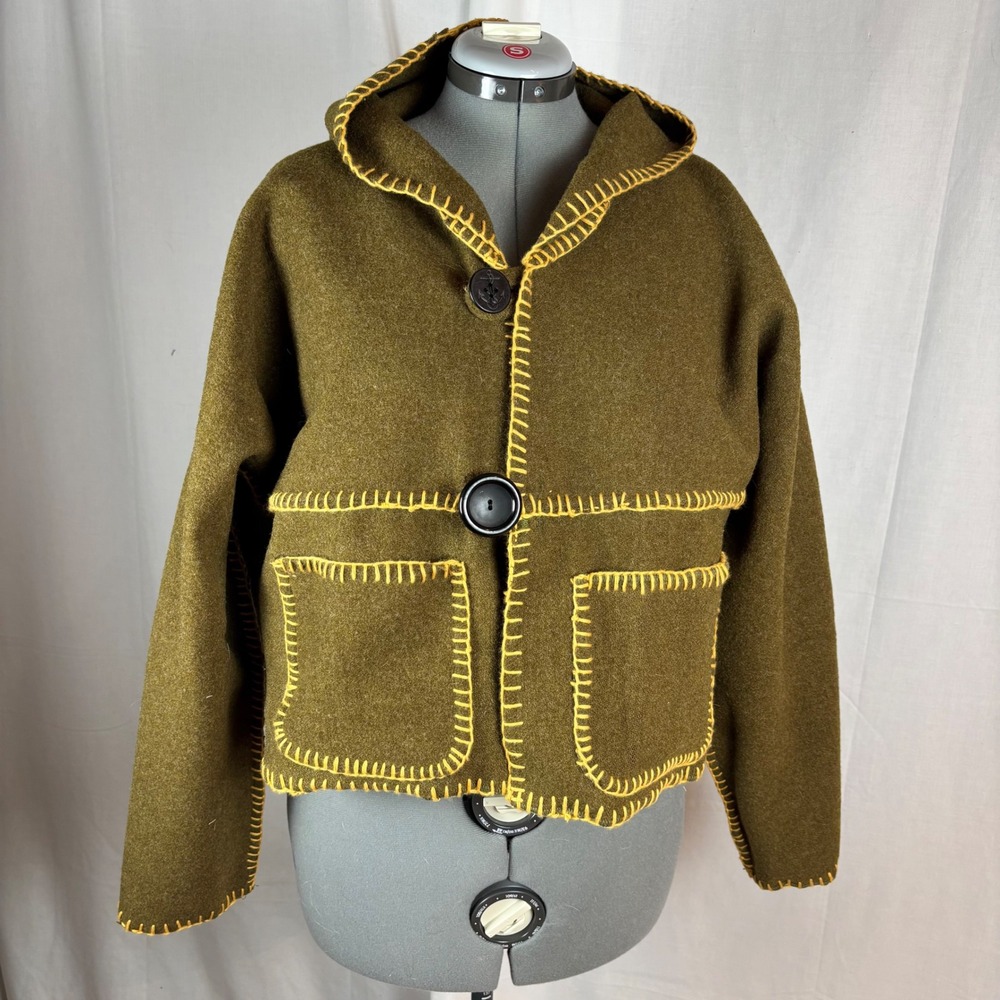 Handcrafted Olive Green Wool Hooded Cropped Bog Jacket with Yellow Stitching | L - Picture 3 of 16
